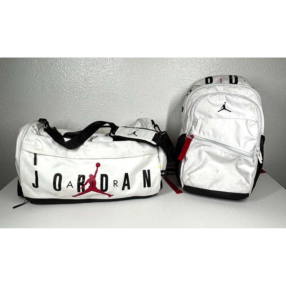 2 Nike Jordan Jumpman Duffel Bag + Backpack SET White Black Red Logo 2pc LOT